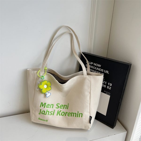 Large Capacity Summer Embroidered Letter Canvas Tote Bag for Women - Versatile Laptop Shoulder Bag for Class and Commute