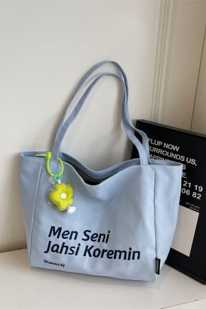 Large Capacity Summer Embroidered Letter Canvas Tote Bag for Women - Versatile Laptop Shoulder Bag for Class and Commute