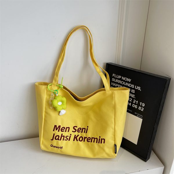 Large Capacity Summer Embroidered Letter Canvas Tote Bag for Women - Versatile Laptop Shoulder Bag for Class and Commute