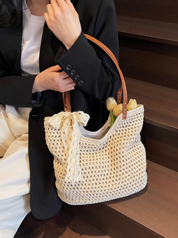 Large Capacity Woven Beach Bag for Women - Stylish Hollow Design, Summer 2025 Travel Tote, Trendy Commuting Bag