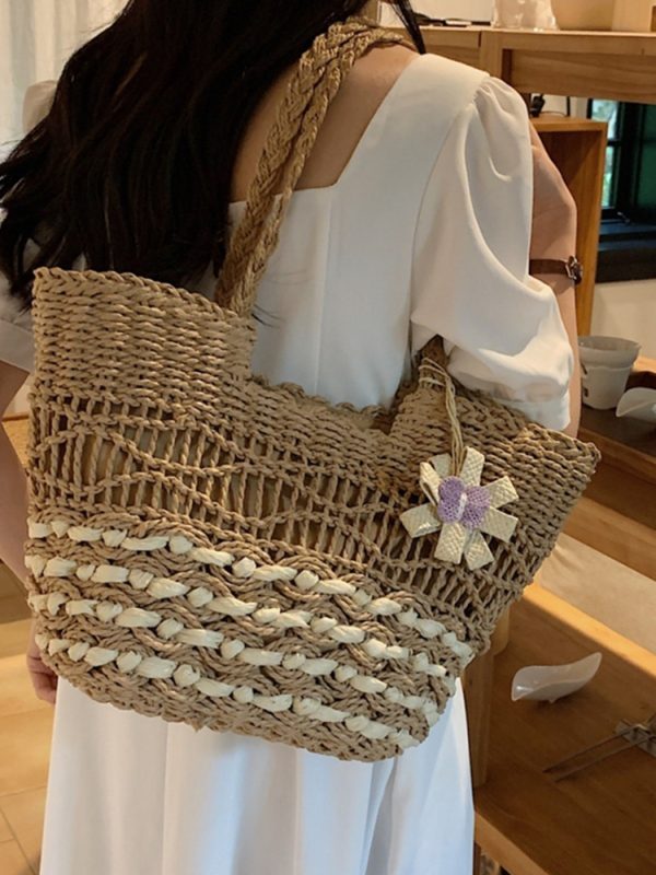 Large Capacity Woven Straw Tote Bag for Women - 2025 Autumn Rural Style Beach Travel Shoulder Bag