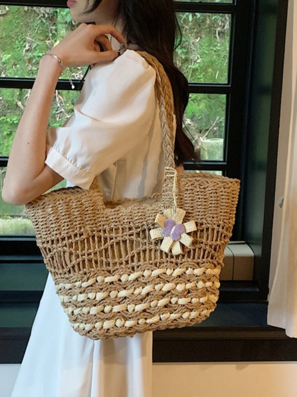Large Capacity Woven Straw Tote Bag for Women - 2025 Autumn Rural Style Beach Travel Shoulder Bag