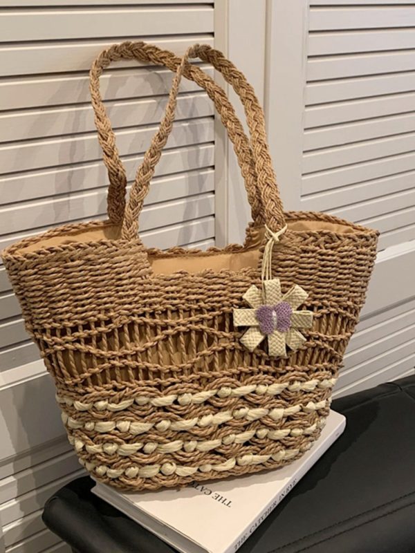 Large Capacity Woven Straw Tote Bag for Women - 2025 Autumn Rural Style Beach Travel Shoulder Bag