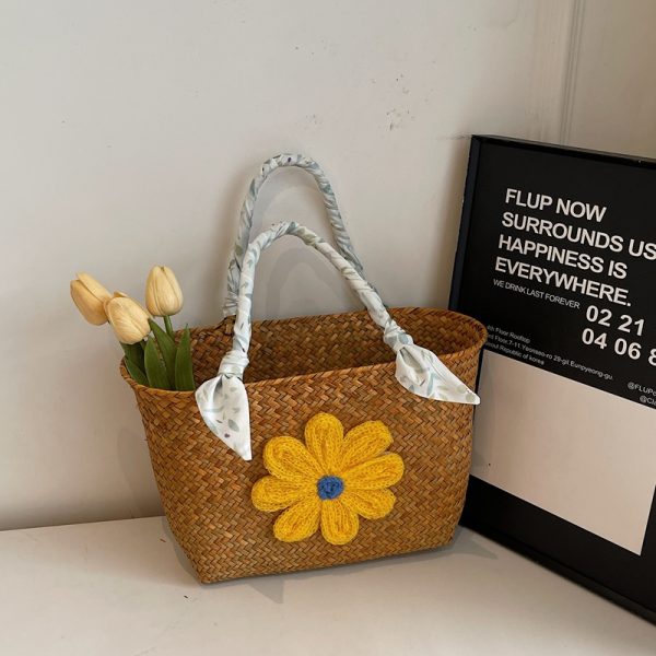 Large Capacity Woven Straw Tote Bag for Women - Stylish Bamboo Handle Beach Bag and Shopping Basket for Summer 2025
