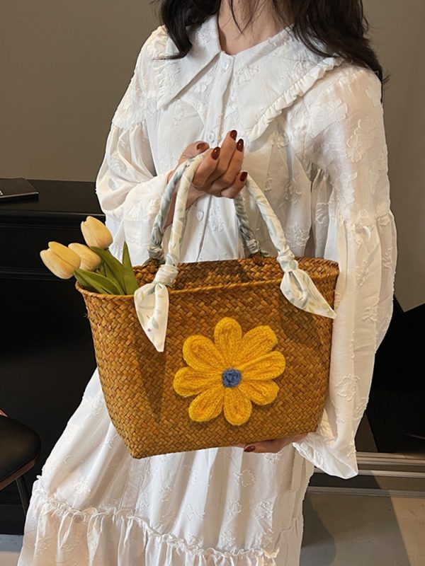 Large Capacity Woven Straw Tote Bag for Women - Stylish Bamboo Handle Beach Bag and Shopping Basket for Summer 2025