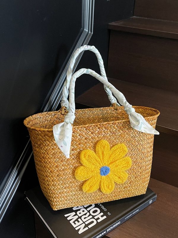 Large Capacity Woven Straw Tote Bag for Women - Stylish Bamboo Handle Beach Bag and Shopping Basket for Summer 2025
