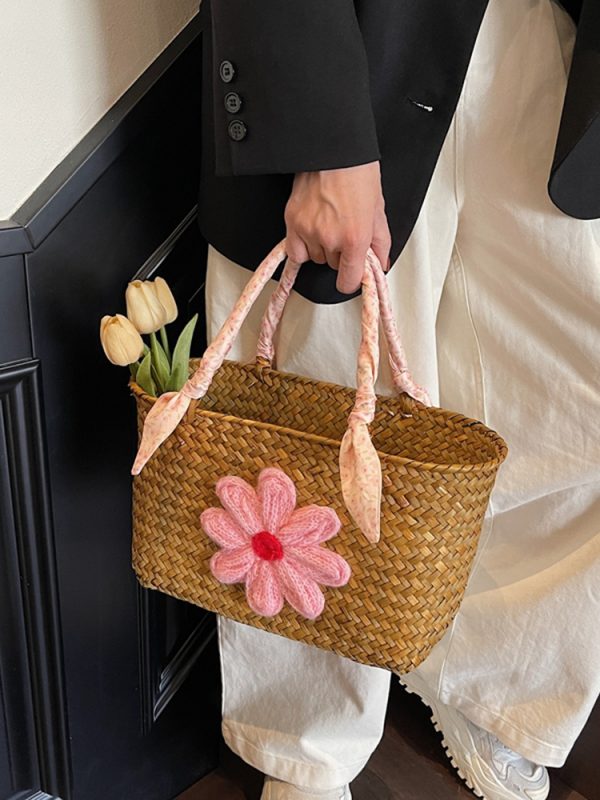 Large Capacity Woven Straw Tote Bag for Women - Stylish Bamboo Handle Beach Bag and Shopping Basket for Summer 2025