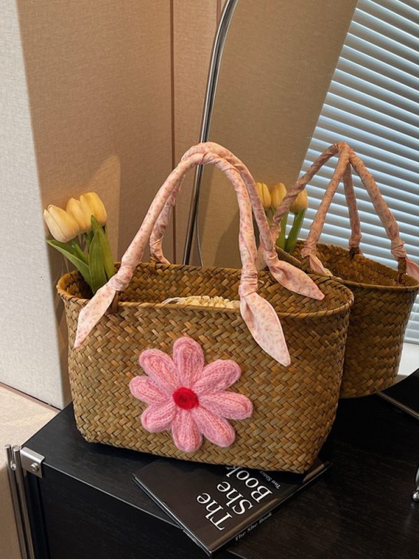 Large Capacity Woven Straw Tote Bag for Women - Stylish Bamboo Handle Beach Bag and Shopping Basket for Summer 2025