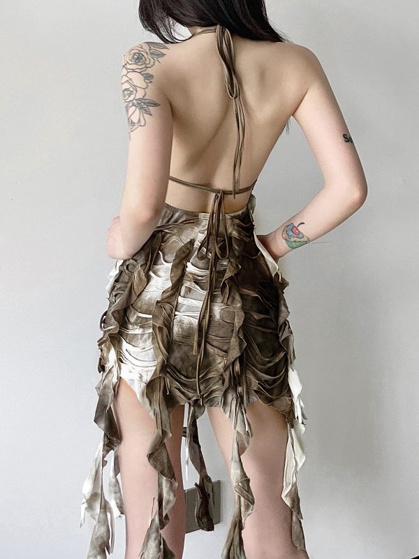 Layered Backless Halter Neck Bodycon Skirt with Tassel Straps for Women - Edgy Desolate Zone Design