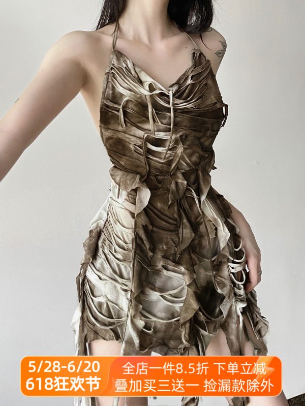 Layered Backless Halter Neck Bodycon Skirt with Tassel Straps for Women - Edgy Desolate Zone Design