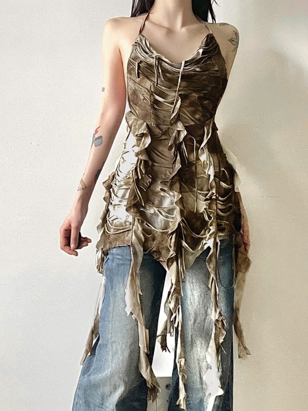 Layered Backless Halter Neck Bodycon Skirt with Tassel Straps for Women - Edgy Desolate Zone Design