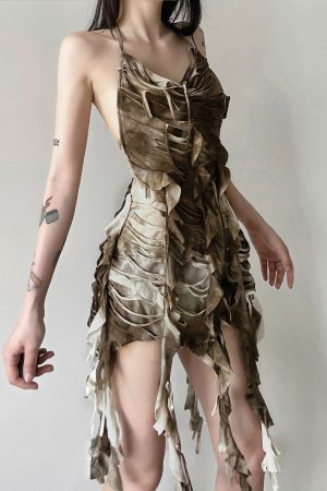 Layered Backless Halter Neck Bodycon Skirt with Tassel Straps for Women - Edgy Desolate Zone Design