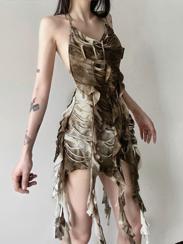 Layered Backless Halter Neck Bodycon Skirt with Tassel Straps for Women - Edgy Desolate Zone Design