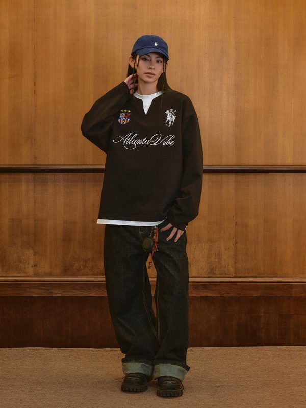 Layered Fake Two-Piece Badge Embroidered Henley Long Sleeve T-Shirt - Trendy Y2K Style for Effortless Layering