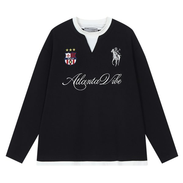 Layered Fake Two-Piece Badge Embroidered Henley Long Sleeve T-Shirt - Trendy Y2K Style for Effortless Layering