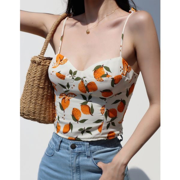 Lemon Print V-Neck Camisole Top for Women - Slim Fit, Flattering Design, Back Pleats & Tie Straps, Perfect for French Countryside Style