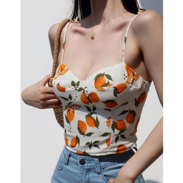 Lemon Print V-Neck Camisole Top for Women - Slim Fit, Flattering Design, Back Pleats & Tie Straps, Perfect for French Countryside Style