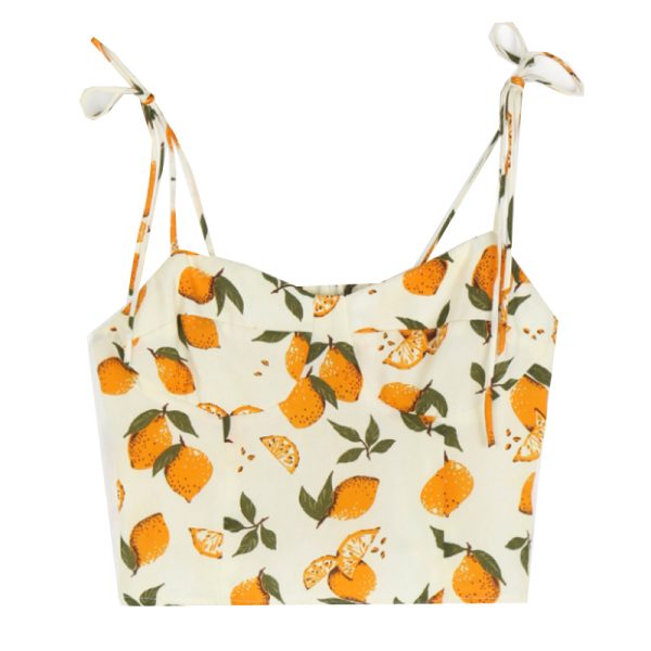 Lemon Print V-Neck Camisole Top for Women - Slim Fit, Flattering Design, Back Pleats & Tie Straps, Perfect for French Countryside Style