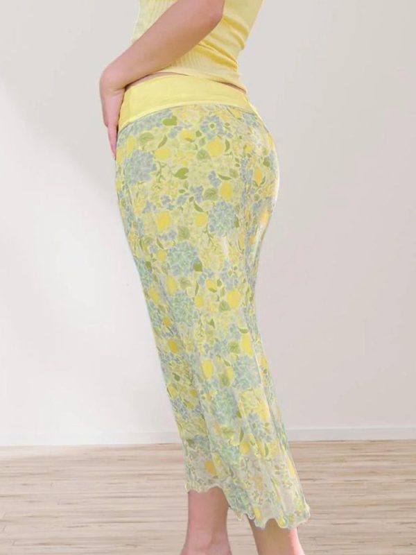 Lemon Soda Floral Mesh Bodycon Skirt for Women - Low Waist, Tied Design, Trendy Fresh Dopamine Style