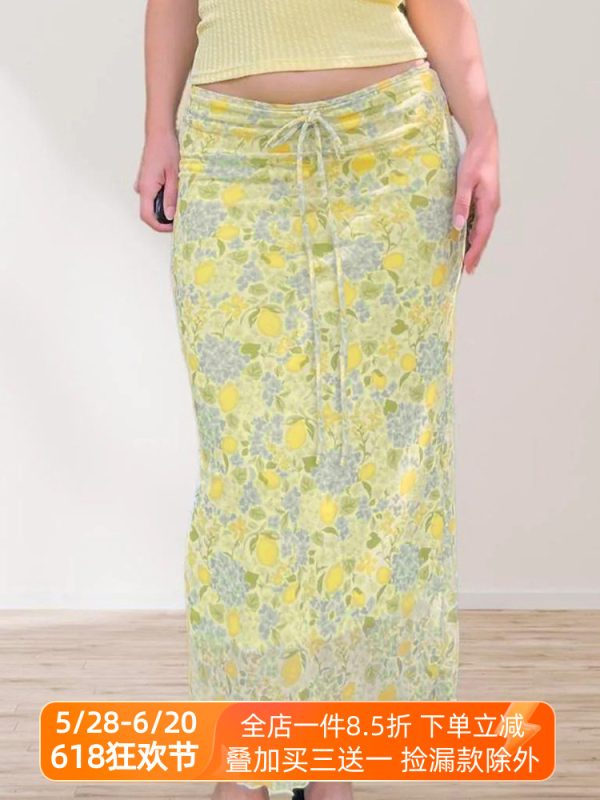 Lemon Soda Floral Mesh Bodycon Skirt for Women - Low Waist, Tied Design, Trendy Fresh Dopamine Style