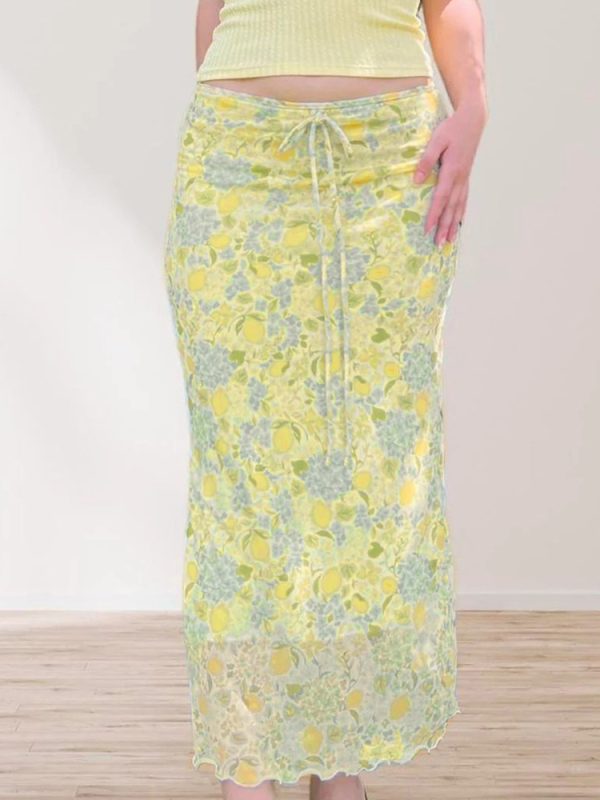 Lemon Soda Floral Mesh Bodycon Skirt for Women - Low Waist, Tied Design, Trendy Fresh Dopamine Style