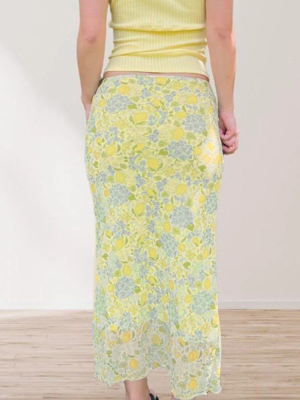 Lemon Soda Floral Mesh Bodycon Skirt for Women - Low Waist, Tied Design, Trendy Fresh Dopamine Style