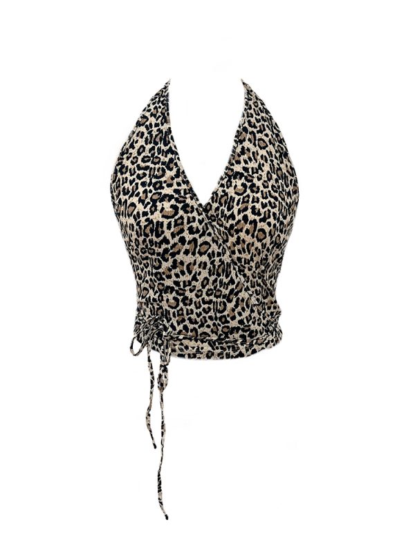 Leopard Print Halter Tie Back Vest Top for Women â€“ Sexy V-Neck Backless Camisole, Perfect for Y2K and Summer Fashion