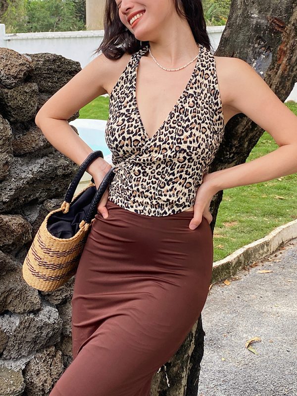 Leopard Print Halter Tie Back Vest Top for Women â€“ Sexy V-Neck Backless Camisole, Perfect for Y2K and Summer Fashion