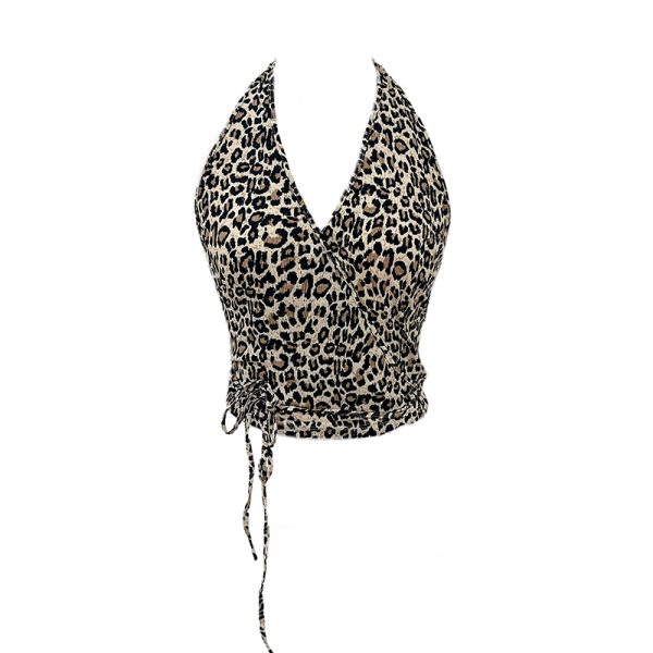 Leopard Print Halter Tie Back Vest Top for Women â€“ Sexy V-Neck Backless Camisole, Perfect for Y2K and Summer Fashion