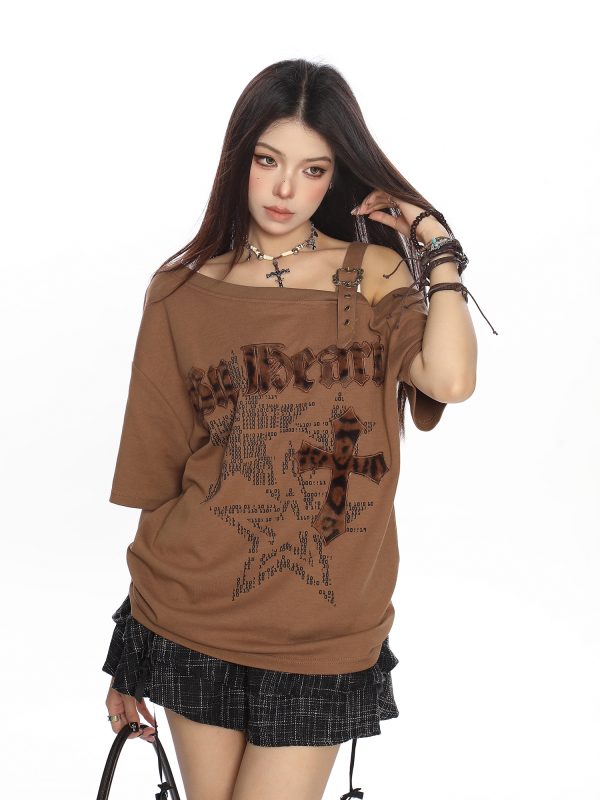 Leopard Print Off-Shoulder Short Sleeve T-Shirt for Women - Vintage Summer Loose Fit Top, Y2K Style