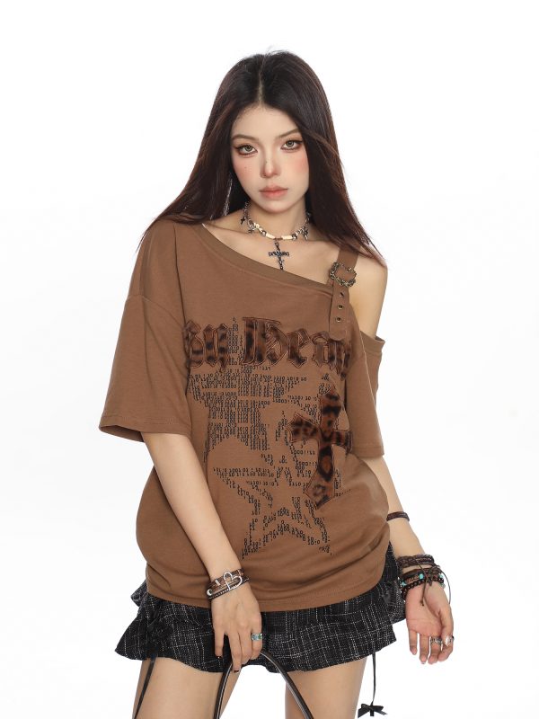 Leopard Print Off-Shoulder Short Sleeve T-Shirt for Women - Vintage Summer Loose Fit Top, Y2K Style