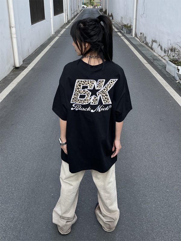 Leopard Print Short Sleeve T-Shirt for Couples - Unisex Hip Hop Style, Embroidered, American Trend, High Street Fashion