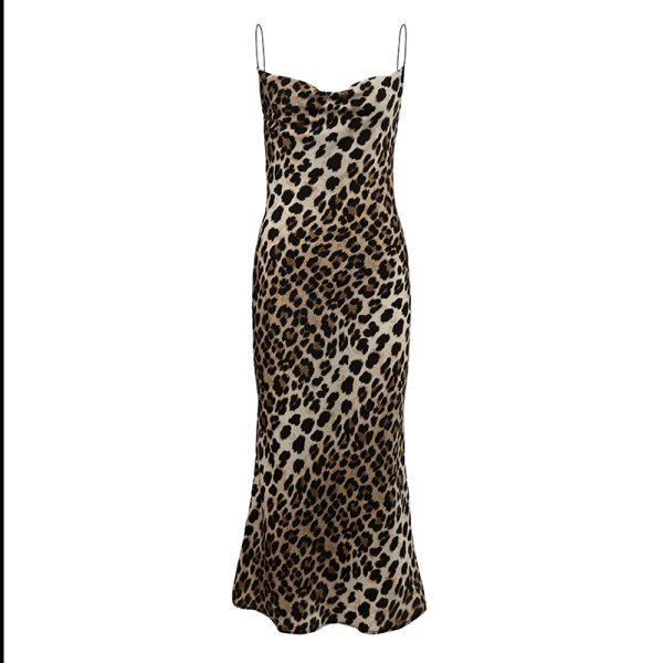 Leopard Print Spaghetti Strap Dress with Ruffled Neckline and Open Back, Sexy Mermaid Skirt, Autumn 2024 Fashion