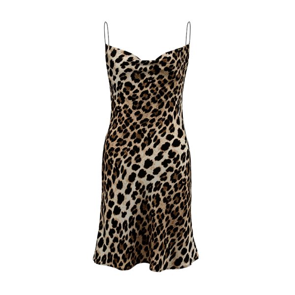 Leopard Print Spaghetti Strap Dress with Ruffled Neckline and Open Back, Sexy Mermaid Skirt, Autumn 2024 Fashion