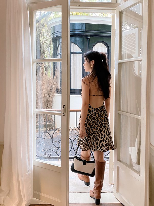 Leopard Print Spaghetti Strap Dress with Ruffled Neckline and Open Back, Sexy Mermaid Skirt, Autumn 2024 Fashion