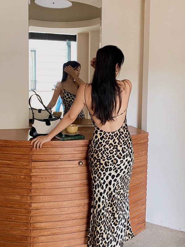Leopard Print Spaghetti Strap Dress with Ruffled Neckline and Open Back, Sexy Mermaid Skirt, Autumn 2024 Fashion