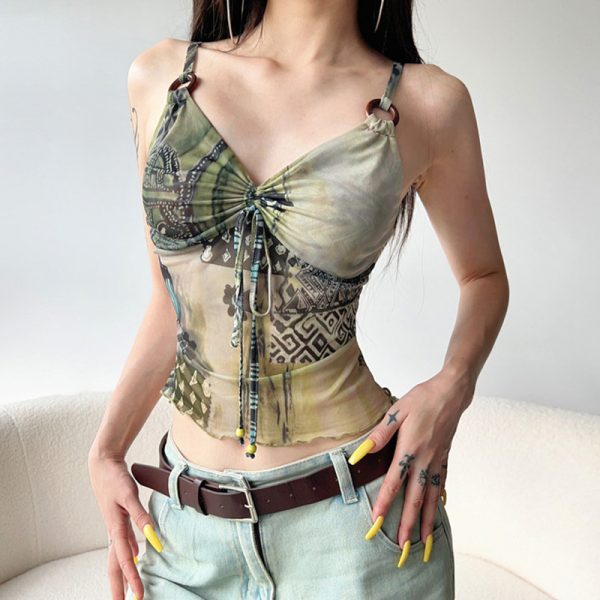Light A-line Shoulder Strap Mesh Vest for Women with Exotic Pleated Bust Design - Trendy Jungle Totem Style for a Slimming Effect