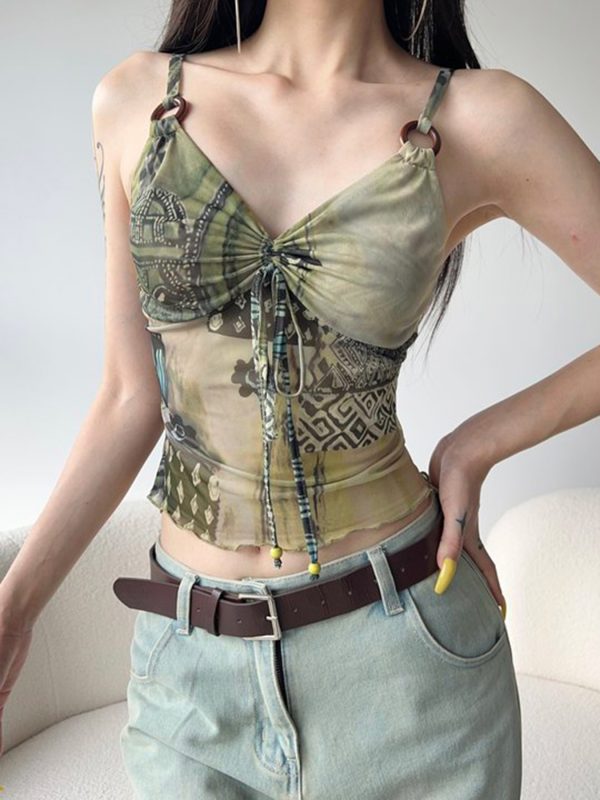 Light A-line Shoulder Strap Mesh Vest for Women with Exotic Pleated Bust Design - Trendy Jungle Totem Style for a Slimming Effect