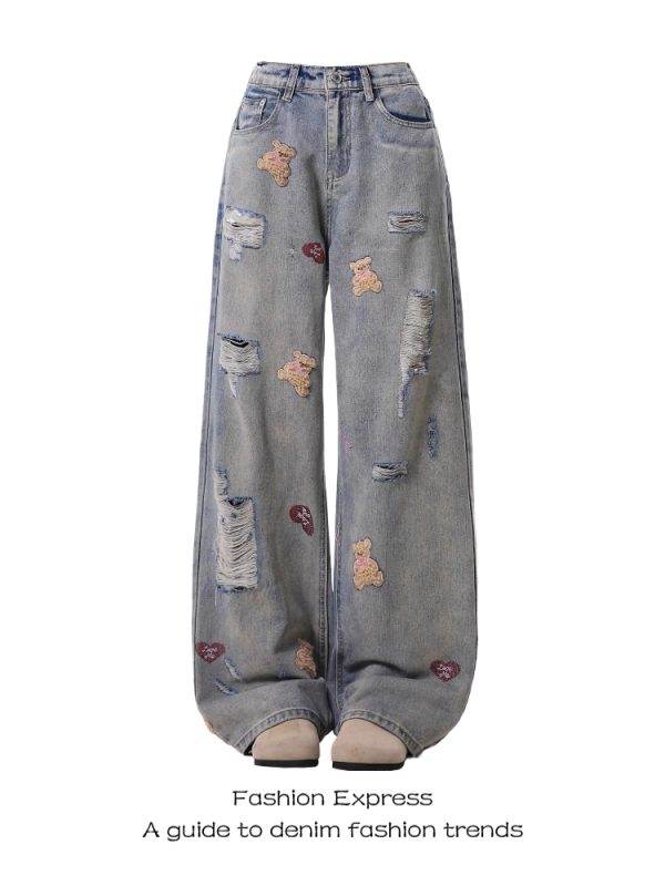 Light Blue Bear Embroidered Denim Pants for Women, American Retro Style, Ripped Fringe, Straight-Leg, Spring & Autumn Fashion