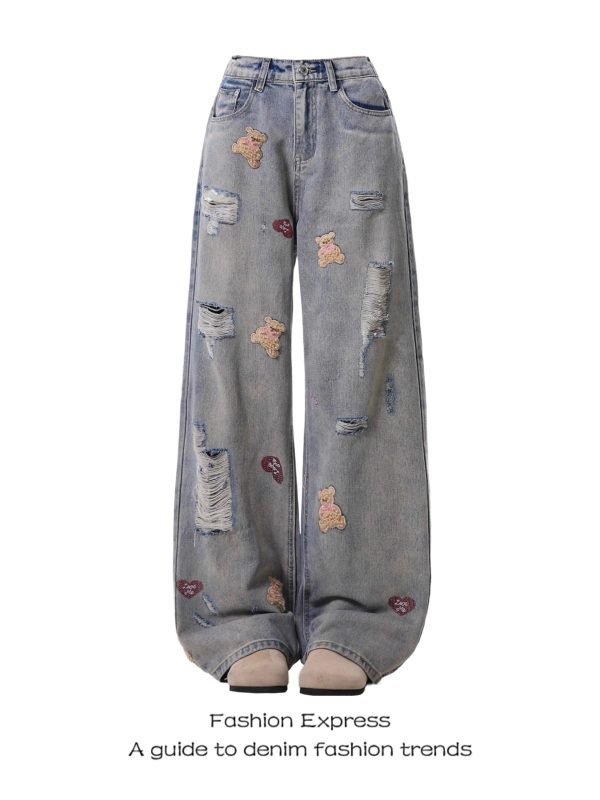 Light Blue Bear Embroidered Denim Pants for Women, American Retro Style, Ripped Fringe, Straight-Leg, Spring & Autumn Fashion