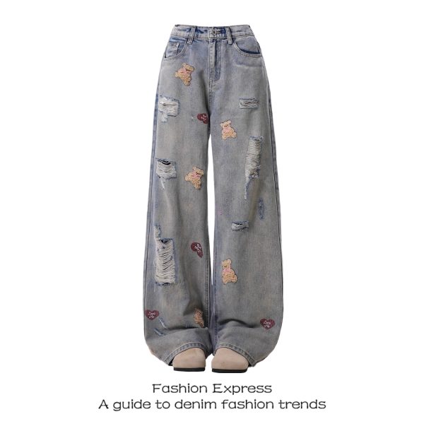 Light Blue Bear Embroidered Denim Pants for Women, American Retro Style, Ripped Fringe, Straight-Leg, Spring & Autumn Fashion