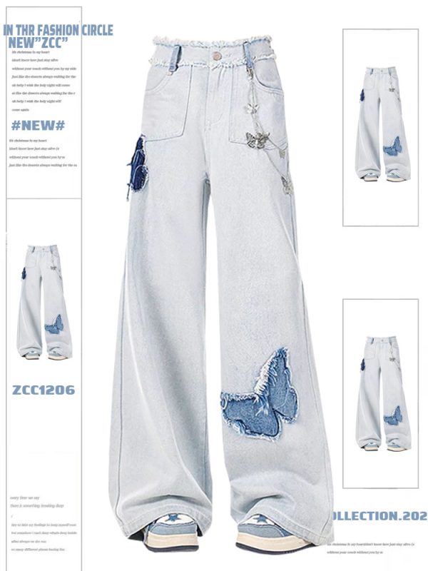 Light Blue Butterfly Wide-Leg Jeans for Women, High-Waisted Loose Draping Floor-Length Pants, Retro Autumn Winter Fashion