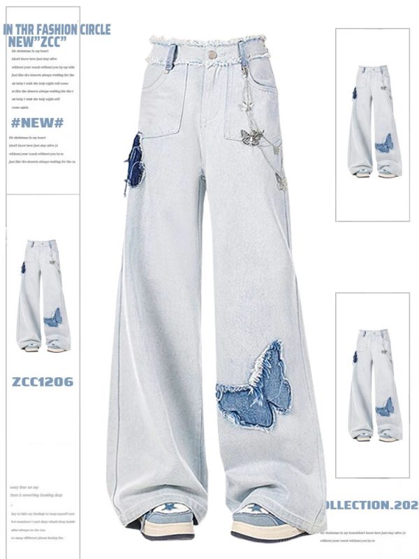 Light Blue Butterfly Wide-Leg Jeans for Women, High-Waisted Loose Draping Floor-Length Pants, Retro Autumn Winter Fashion