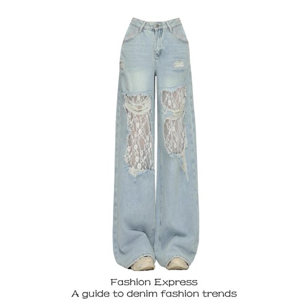 Light Blue High-Waisted Lace Ripped Jeans for Women - Trendy Wide-Leg Straight Patchwork Pants for Spring Summer 2025