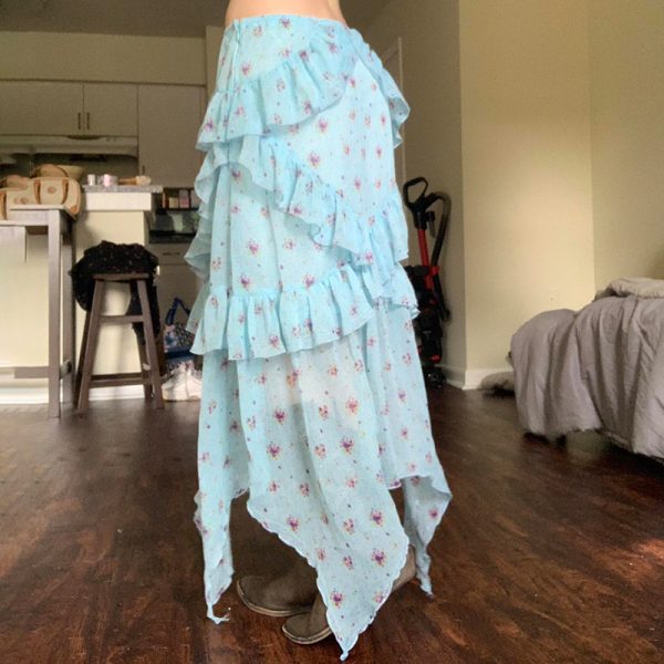 Light Blue Irregular Mesh Spliced Floral Midi Skirt for Girls - Versatile, Slimming Vacation Wear, Perfect for 90s Y2K Style