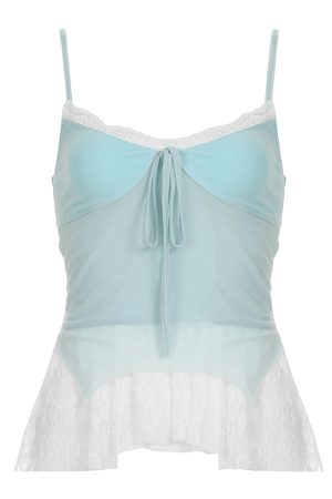 Light Blue Irregular Mesh Spliced Floral Midi Skirt for Girls - Versatile, Slimming Vacation Wear, Perfect for 90s Y2K Style