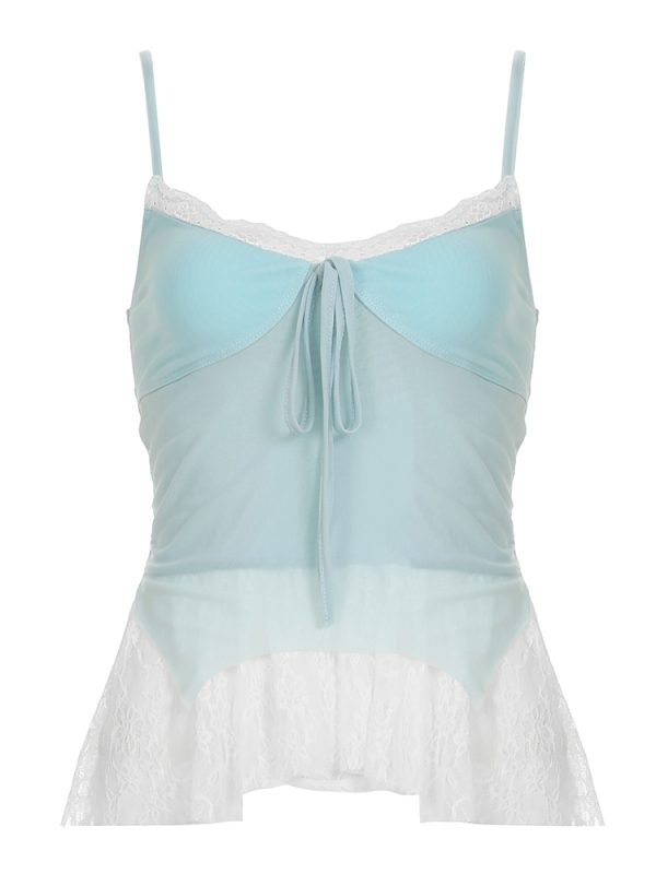 Light Blue Irregular Mesh Spliced Floral Midi Skirt for Girls - Versatile, Slimming Vacation Wear, Perfect for 90s Y2K Style