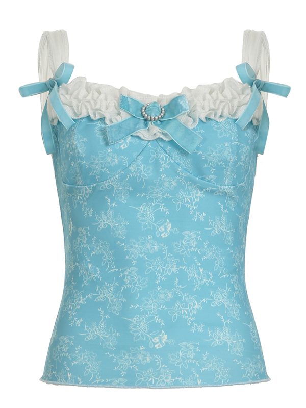Light Blue Irregular Mesh Spliced Floral Midi Skirt for Girls - Versatile, Slimming Vacation Wear, Perfect for 90s Y2K Style