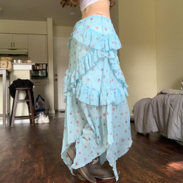 Light Blue Irregular Mesh Spliced Floral Midi Skirt for Girls - Versatile, Slimming Vacation Wear, Perfect for 90s Y2K Style