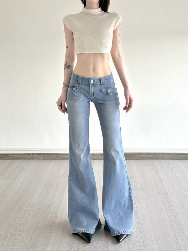 Light Blue Pocket Low-Waist Washed Denim Pants for Women - Versatile Slim Fit Slightly Flared Long Trousers, Y2K Style